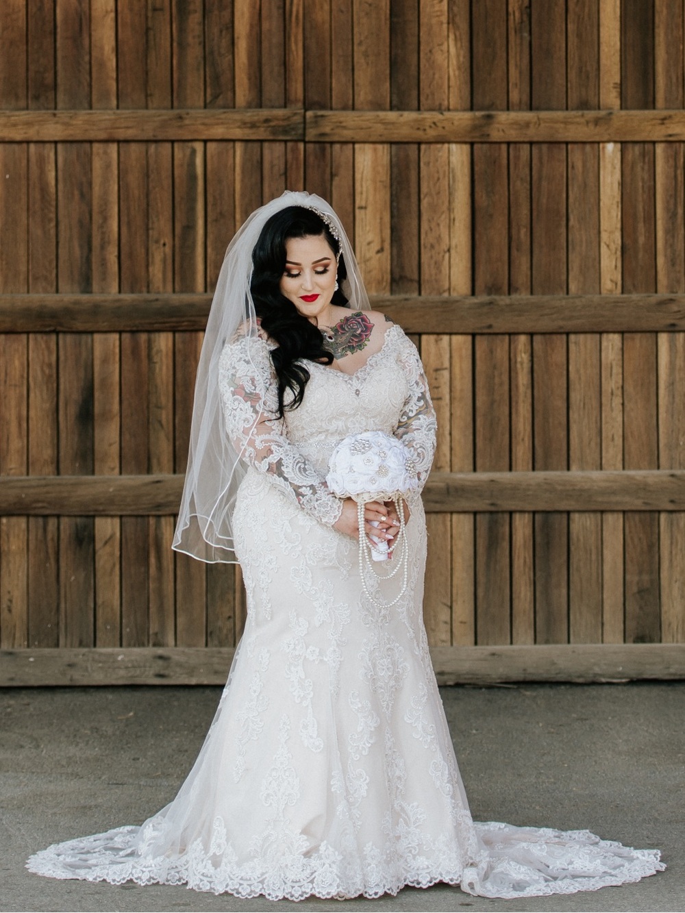 Mori Lee Ivory Lace Long-Sleeve Bridal Gown with Veil